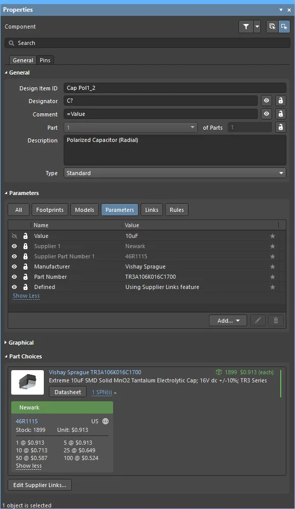Example of displayed Unit Price based on the specified Order Quantity when ordering 100 units reduces the price from 0.1USD to 0.018USD per capacitor.