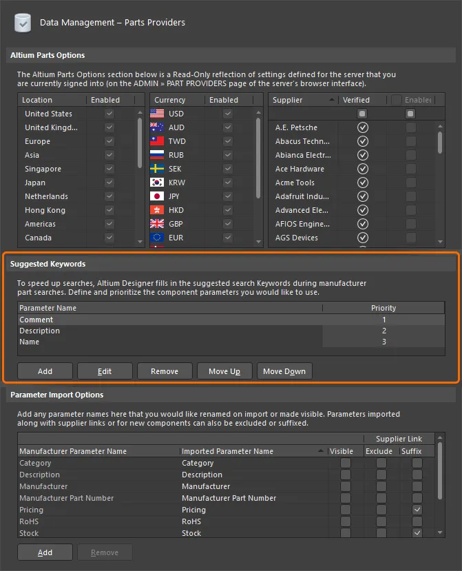 공급업체 데이터베이스에서 부품을 자동으로 검색할 때 사용되는 기본 추천 키워드입니다.