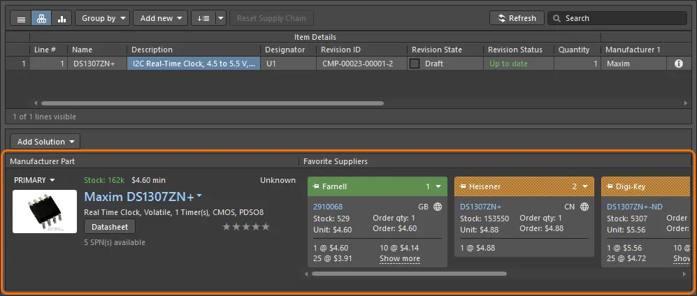 From the ActiveBOM, the part choices list for a component is presented as solutions for that component in the lower region of the document. From the ActiveBOM, the part choices list for a component is presented as solutions for that component in the lower region of the document.