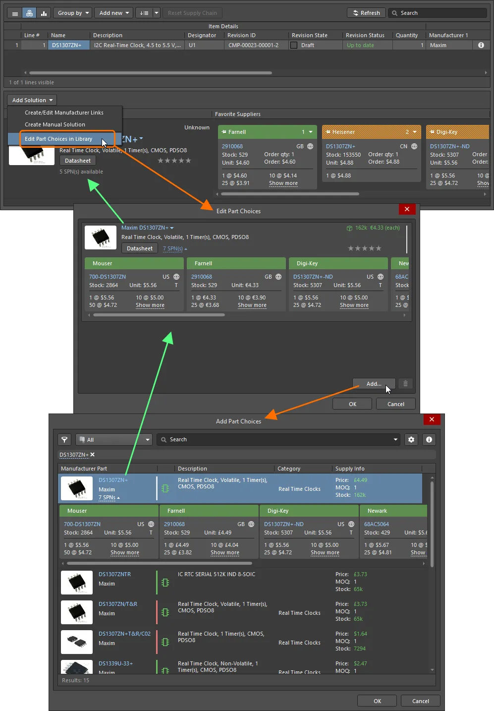 From the ActiveBOM, the part choices list for a component can be managed with the Add Solution » Edit Part Choices in Library command. From the ActiveBOM, the part choices list for a component can be managed with the Add Solution » Edit Part Choices in Library command.