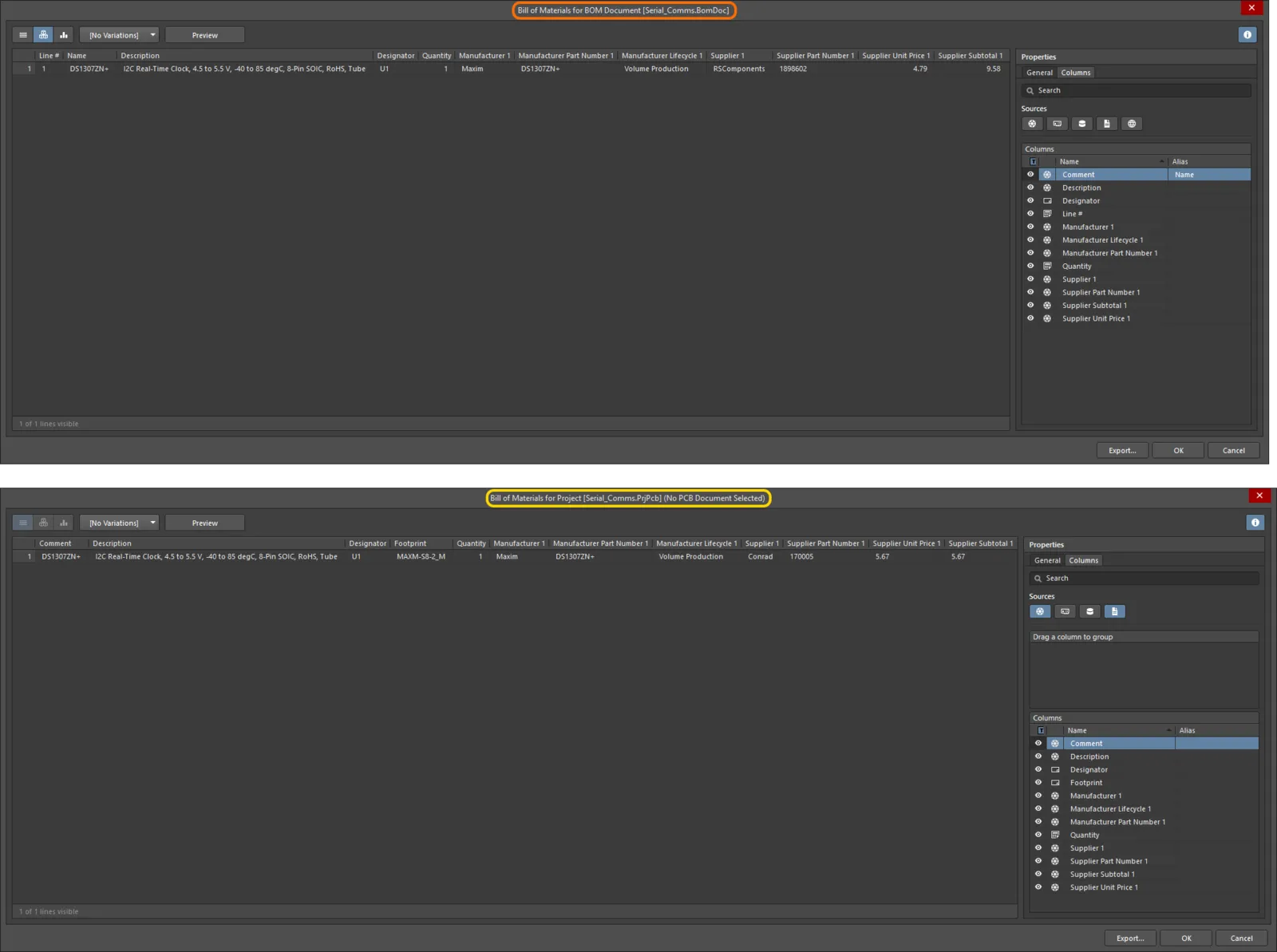 Including supply chain data for components in a Bill of Materials, generated for the project with (top) and without (bottom) a BomDoc (ActiveBOM). Including supply chain data for components in a Bill of Materials, generated for the project with (top) and without (bottom) a BomDoc (ActiveBOM).