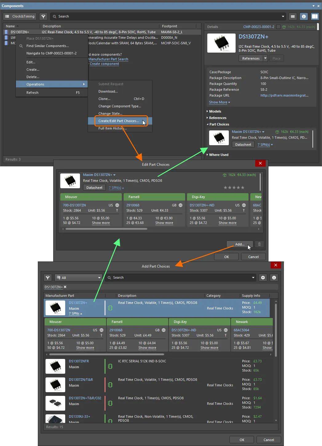 From the Components panel, the part choices list for a component can be managed with the Operations » Create/Edit Part Choices command. From the Components panel, the part choices list for a component can be managed with the Operations » Create/Edit Part Choices command.