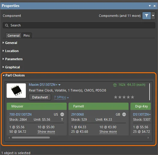 From the Properties panel, the part choices for a component can be seen in the Part Choices region when the component is selected on the schematic sheet. From the Properties panel, the part choices for a component can be seen in the Part Choices region when the component is selected on the schematic sheet.