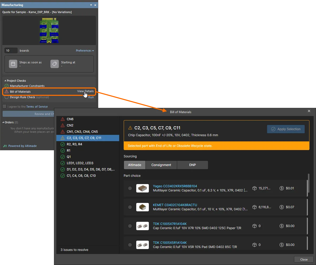 Bill of Materials check issues will be listed in the Project Checks region of the panel. Use the View Details control to open the Bill of Materials dialog and fix the issues. Hover the cursor over the image to see the panel and the dialog when there are no Bill of Materials check issues.