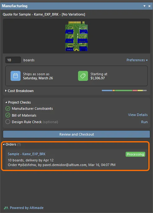 Orders created for a PCB will be listed under the Orders region of the Manufacturing panel.