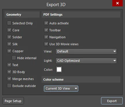 The Export 3D dialog allows you to configure how the exported PDF will look and behave. The Export 3D dialog allows you to configure how the exported PDF will look and behave.