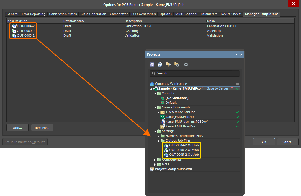 The added revisions of outputjobs will be reflected in the Projects panel.