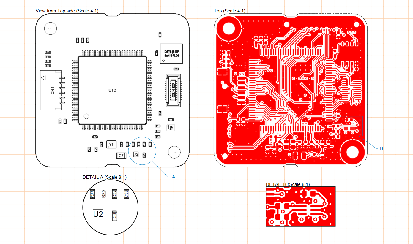 Two placed board detail views (at the bottom) applied to a board assembly view and a board fabrication view Two placed board detail views (at the bottom) applied to a board assembly view and a board fabrication view