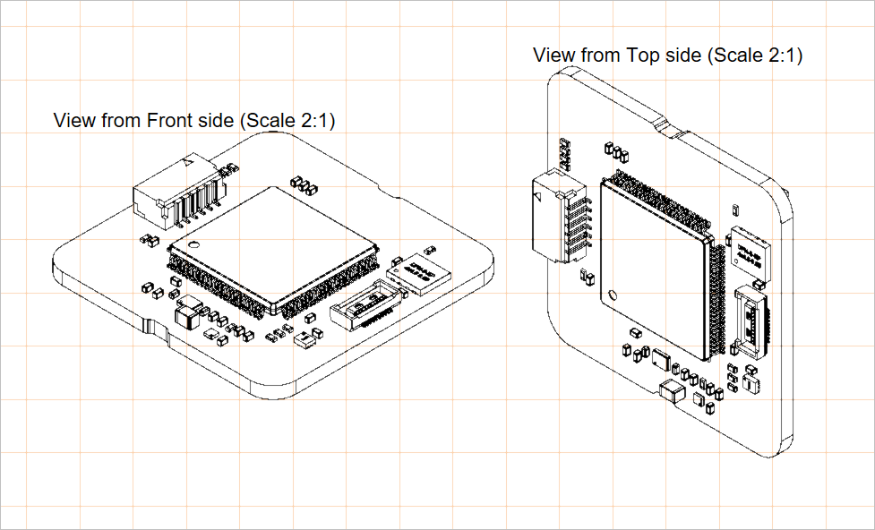 Two placed board isometric views; a front face view on the left and a top face view on the right Two placed board isometric views; a front face view on the left and a top face view on the right