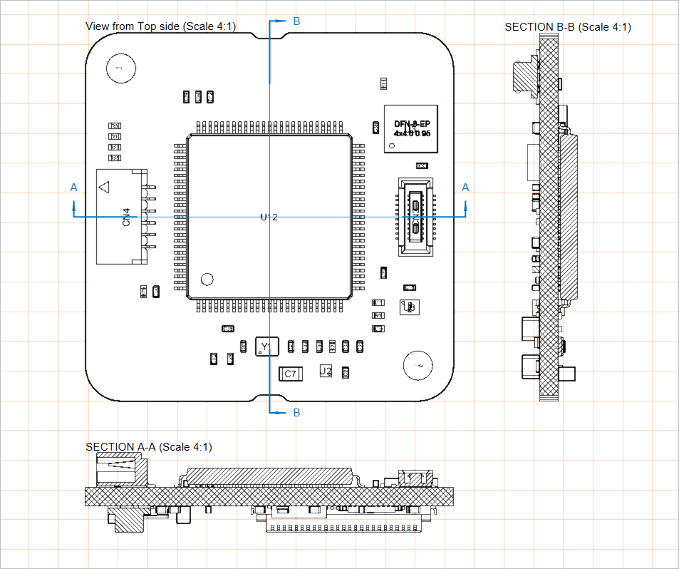 Two placed board section views applied to a board assembly view Two placed board section views applied to a board assembly view