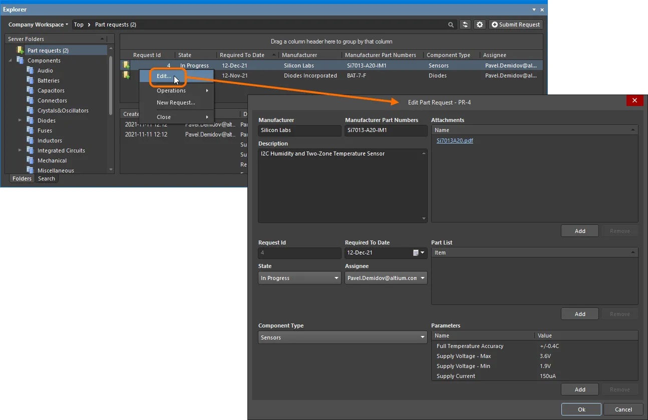 Accessing the dialog in which you can edit an existing part request.