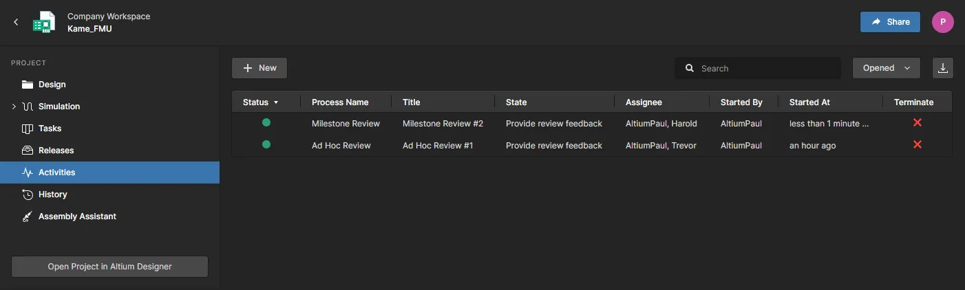 The Activities page, when opened directly, will show all processes that relate to the currently open project.