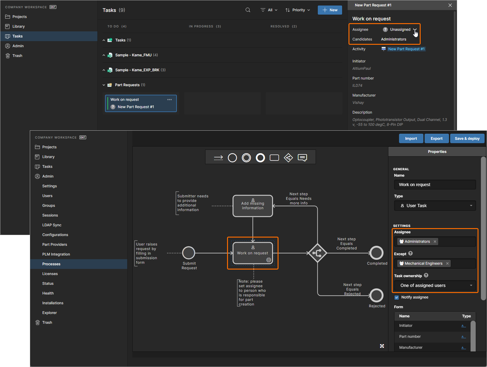 A created process workflow can include task stages assigned to a group of workspace members, who as candidates can claim the task.