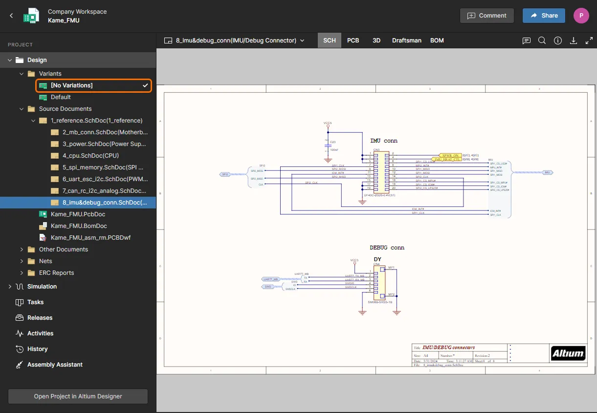 By default, the base design ([No Variations]) will be presented (shown here in the SCH data view). Use the controls in the left-hand navigation pane to switch to a different variant.