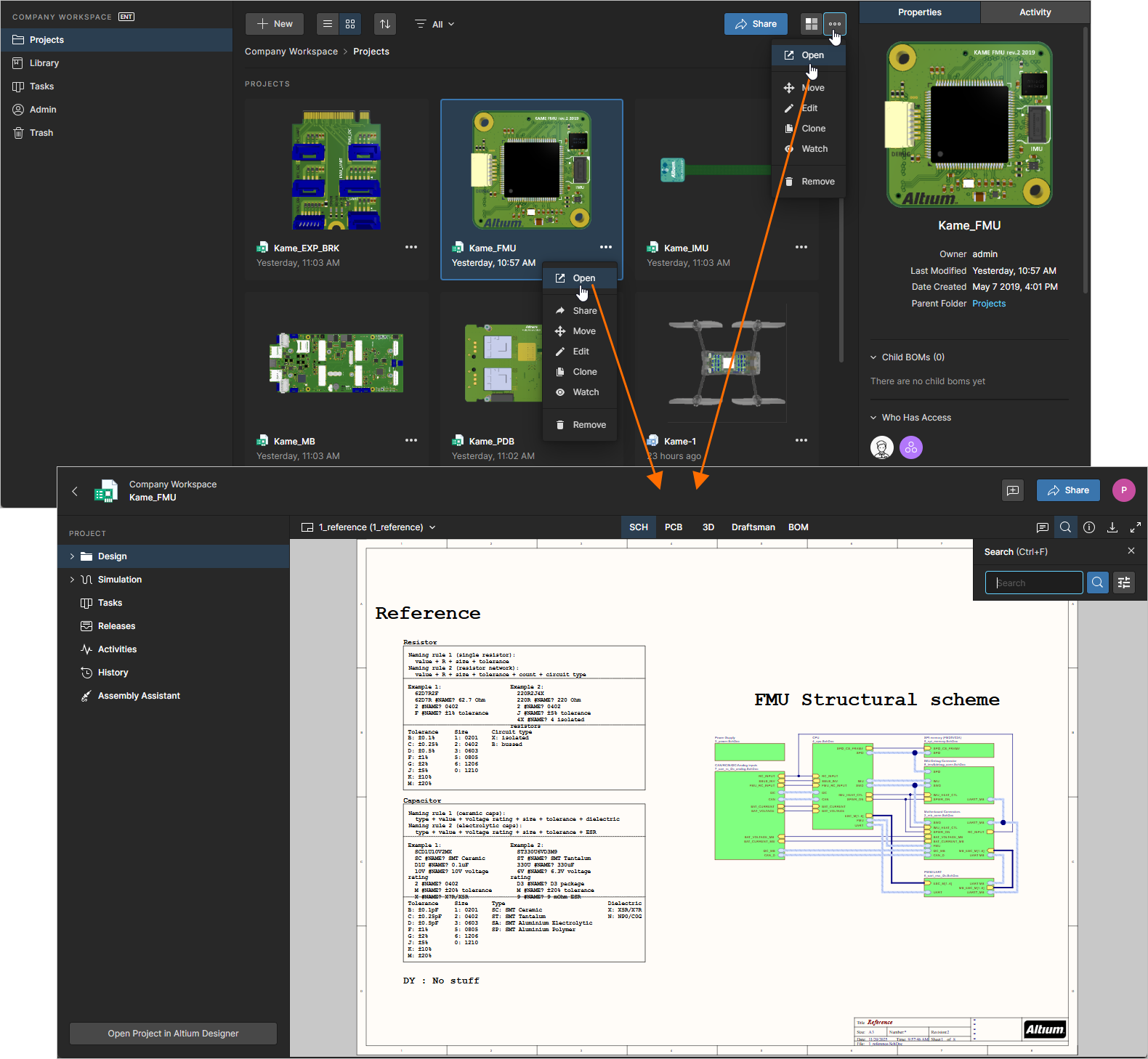 Accessing the CAD-centric Projects Management page for a project from the Projects page. The Web Viewer interface is presented through the page's Design view.