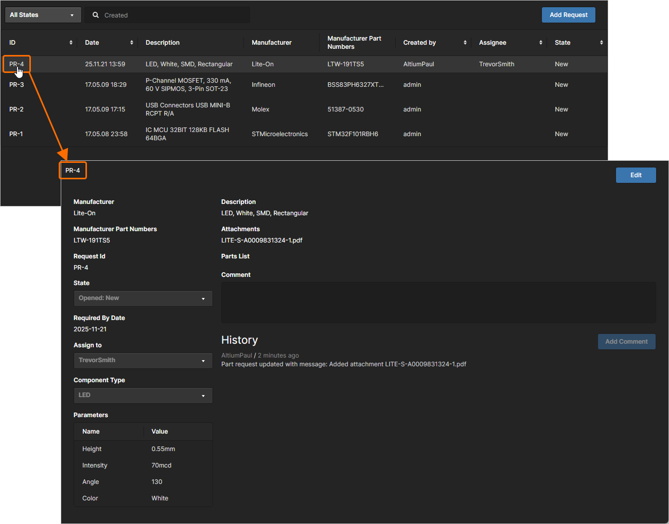 Accessing the detailed page for a part request, from the main Legacy Part Requests page.