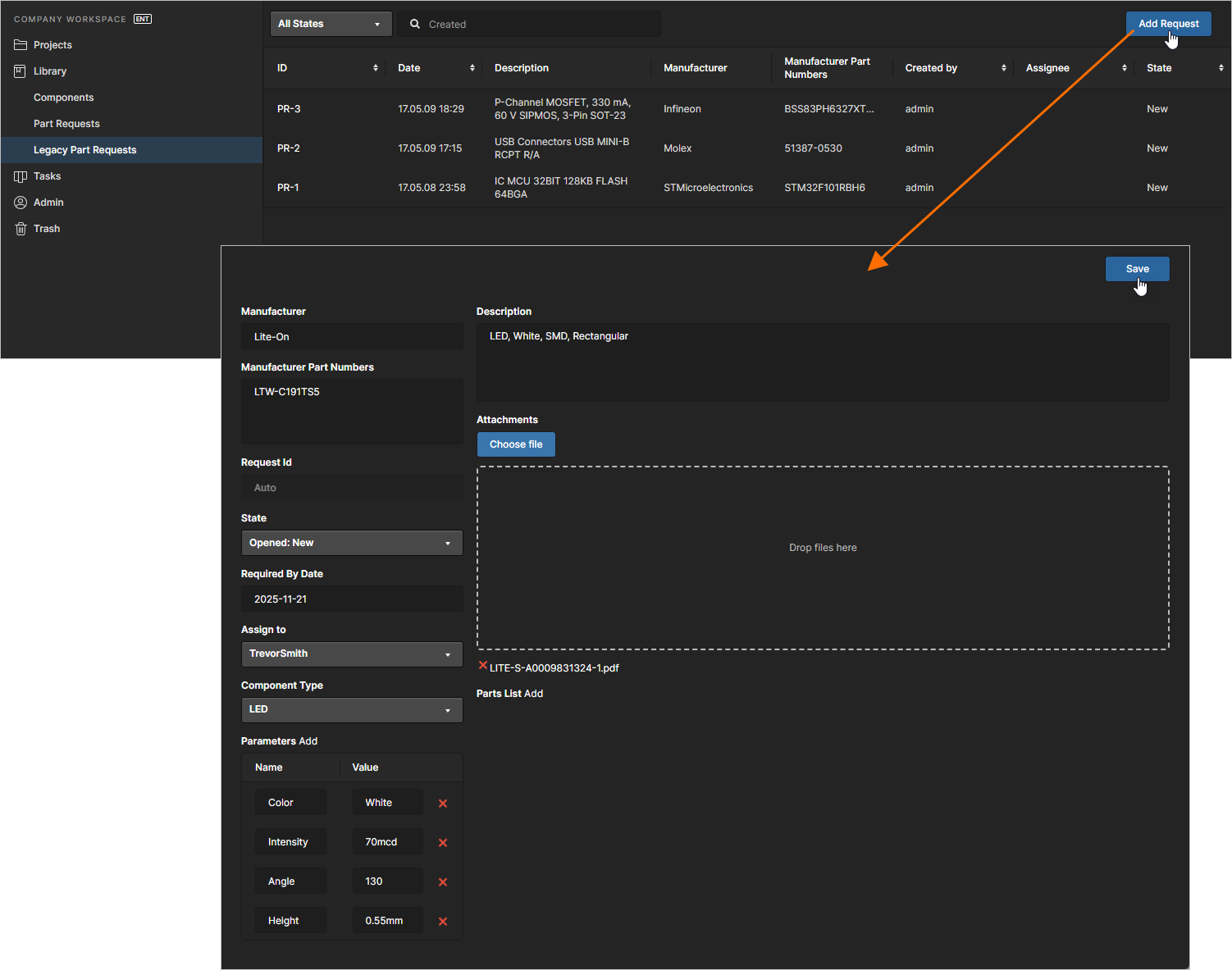 Adding a new part request through the Workspace's browser interface.
