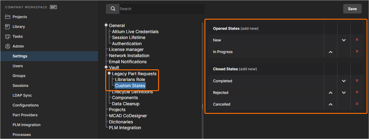 The Custom States page of the Admin – Settings area provides the interface for customizing the states used in the Legacy Part Request feature.