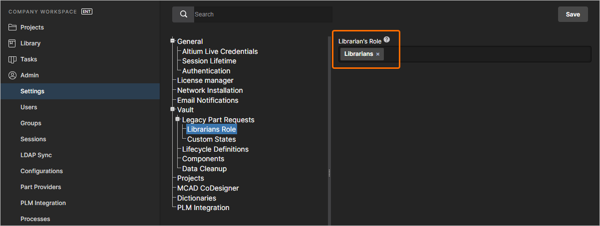The Librarians Role page of the Admin – Settings area provides the interface for specifying which existing group(s) should be used as Librarians for the Legacy Part Request feature.