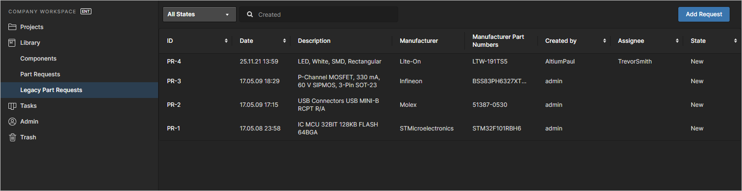 Main summary listing of Part Requests – access this at any time by clicking on the Legacy Part Requests entry in the navigation tree.