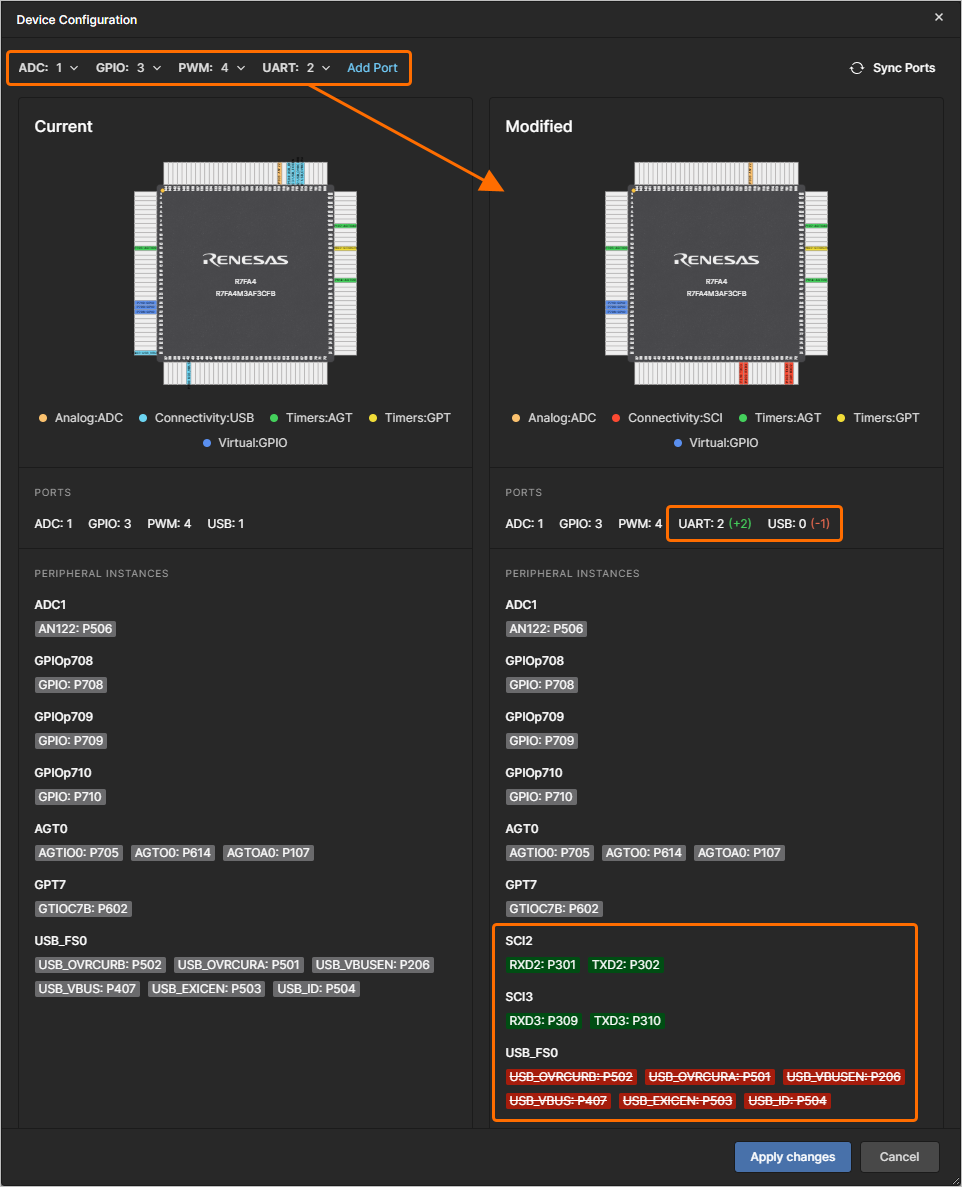 In this example, a USB port has been removed from and two UART ports have been added to the device configuration.