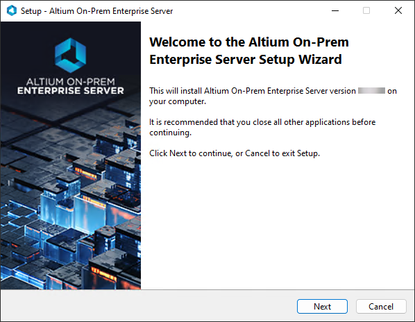 Initial welcome page for the Altium On-Prem Enterprise Server Setup wizard.