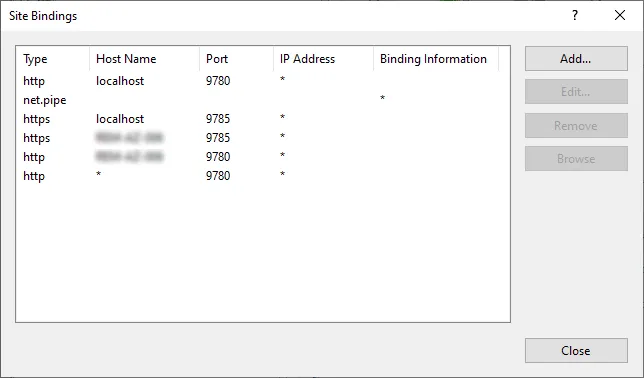 Configure bindings through the Site Bindings dialog.