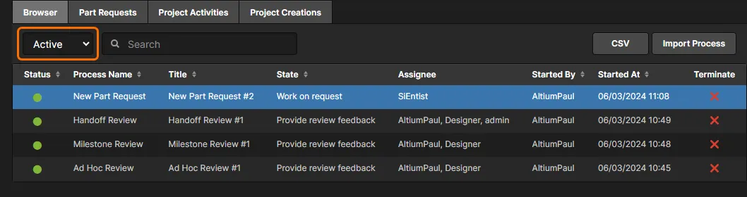 Browse all active processes from one convenient location. Roll over the image to see an example of browsing all closed processes.
