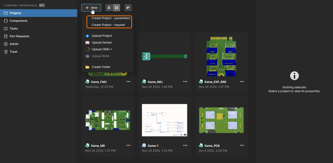 Accessing activated Project Creations definitions from the main Projects area of the Workspace's browser interface.