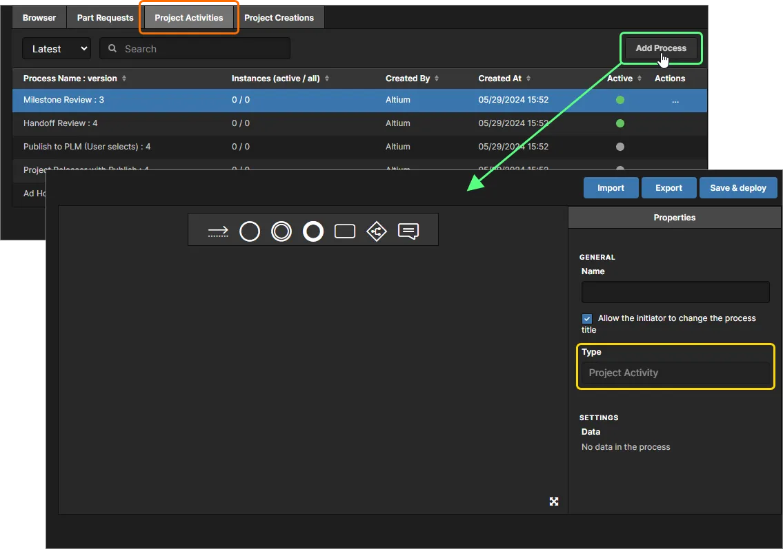 Accessing the Process Workflow Editor. Ensuring the desired process theme is made active before access will ensure the new process definition will be set to the right theme type.