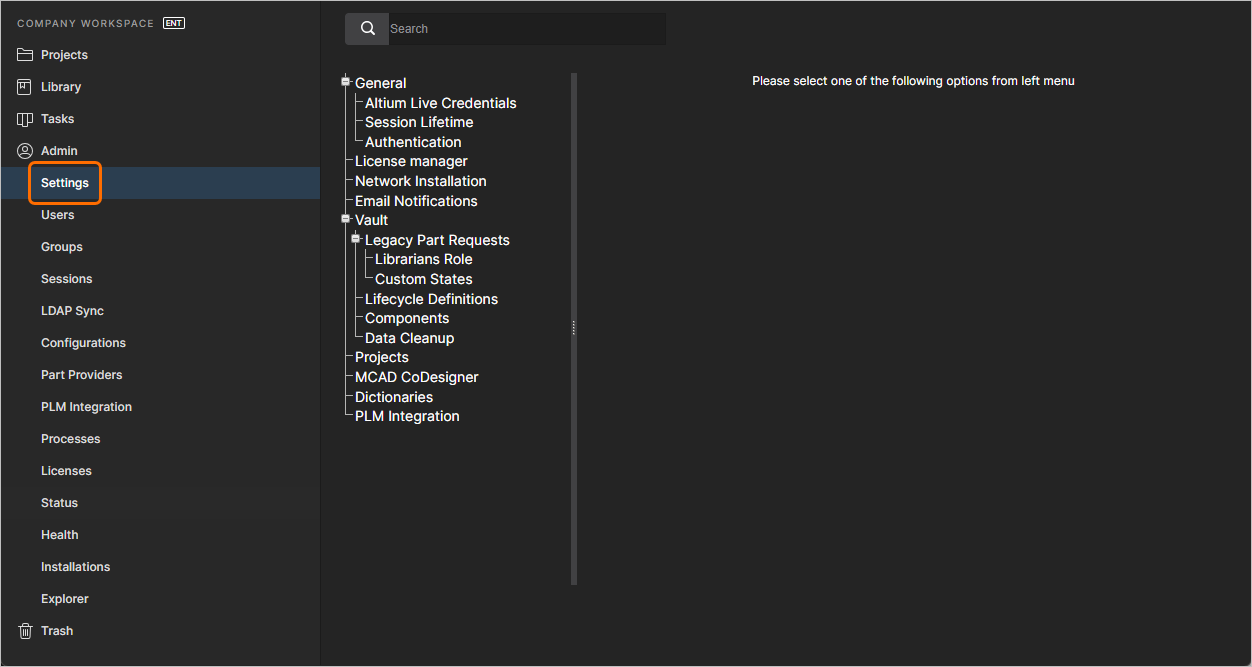 The Settings area – part of the admin-only pages within the Enterprise Server's browser interface.