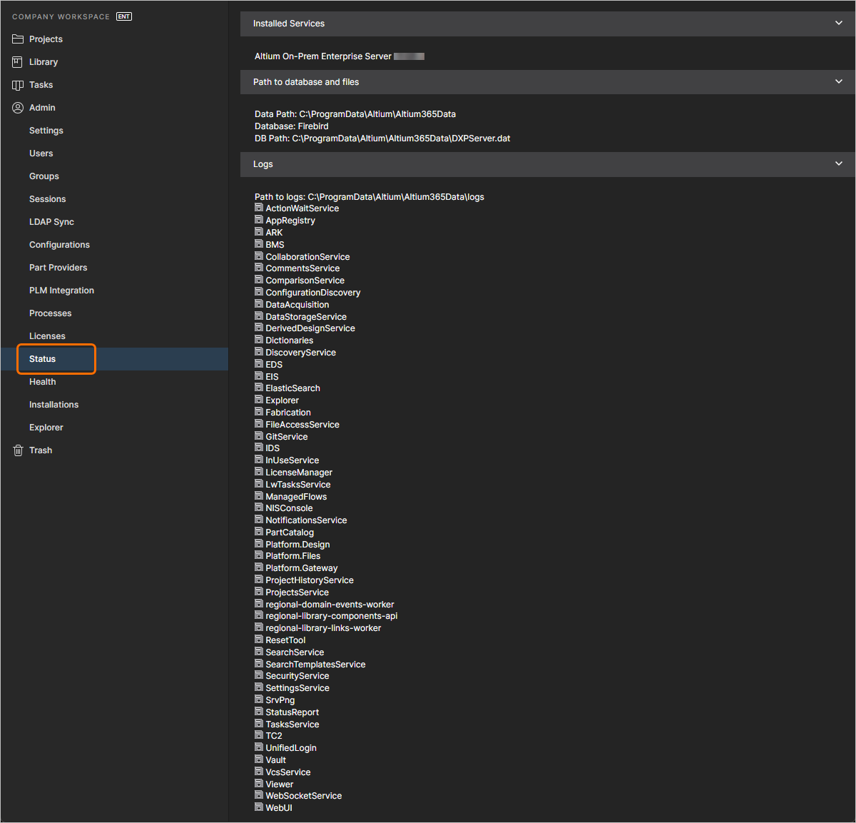 The Status page provides installation details, as well as log files for the various services.